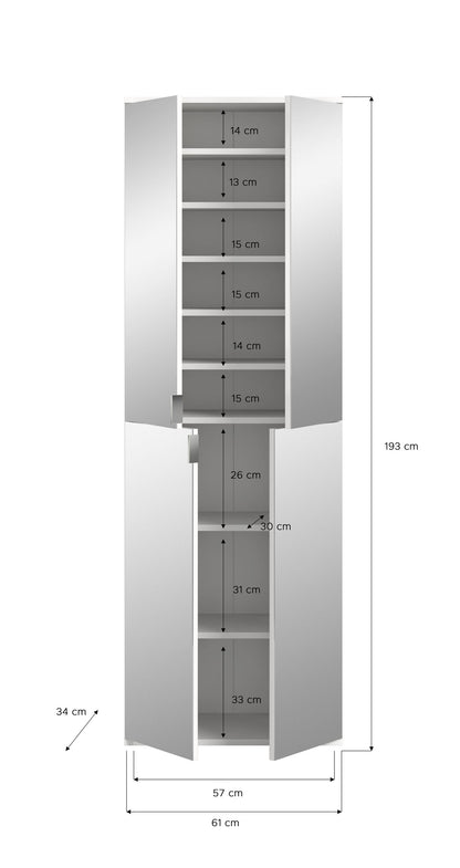 Hochschrank mit Innenregalen und ausklappbarem Schuhfach, mit Maßangaben