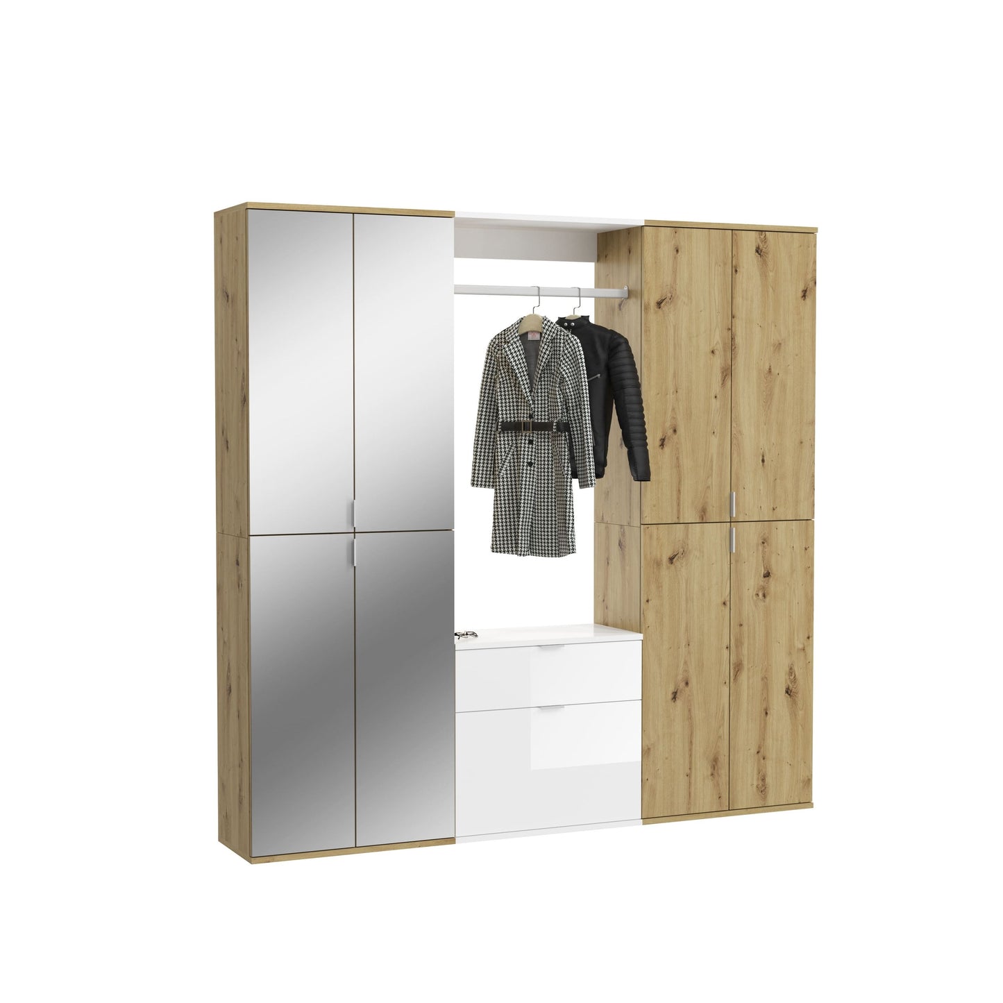 Garderoben-Set in Holzoptik und Weiß, mit Kleiderstange, Schubfach und Fächern