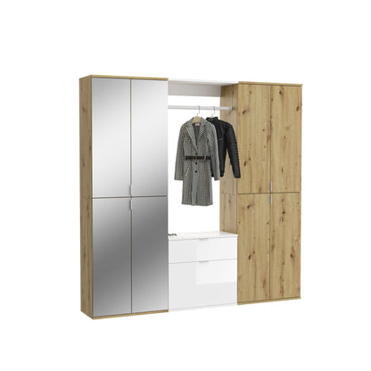 Garderoben-Set in Holzoptik und Weiß, mit Kleiderstange, Schubfach und Fächern