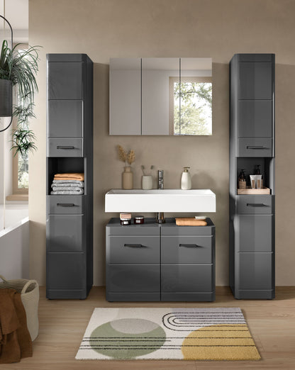 Graues Hochglanz-Badmöbel-Set im Bad mit Spiegelschrank, Waschtischunterschrank und zwei Seitenschränken