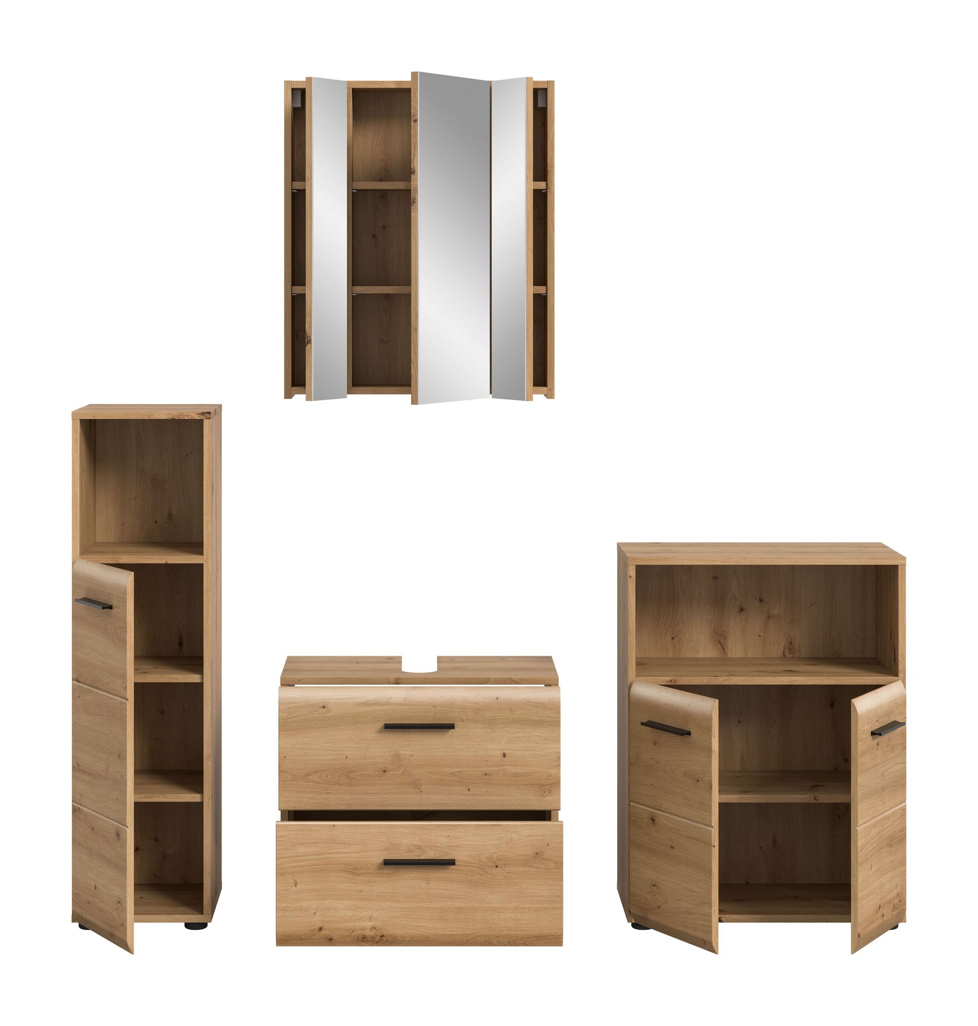Badmöbel-Set 4-teilig mit geöffnetem Spiegelschrank, Holzoptik und Schubladenschränken