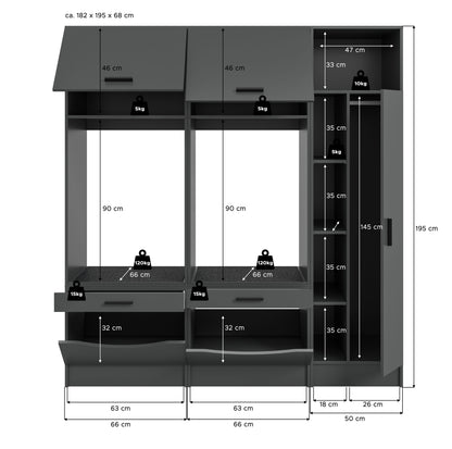 Waschmaschinenschrank-Set in Grau, Frontansicht mit Maßen, Schubladen und offenen Fächern
