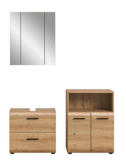 Badmöbel-Set aus hellem Holzdekor mit Spiegelschrank und Kommode mit Schubfächern