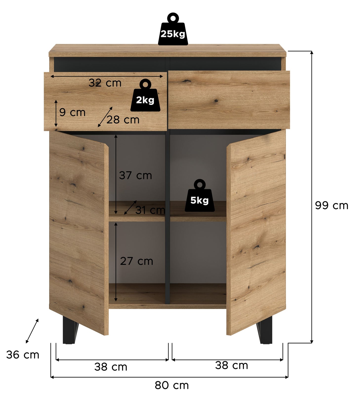 Kommode 80x99x36 cm (BHT), Eichefarben, Maßangaben zu Schubladen und Fächern