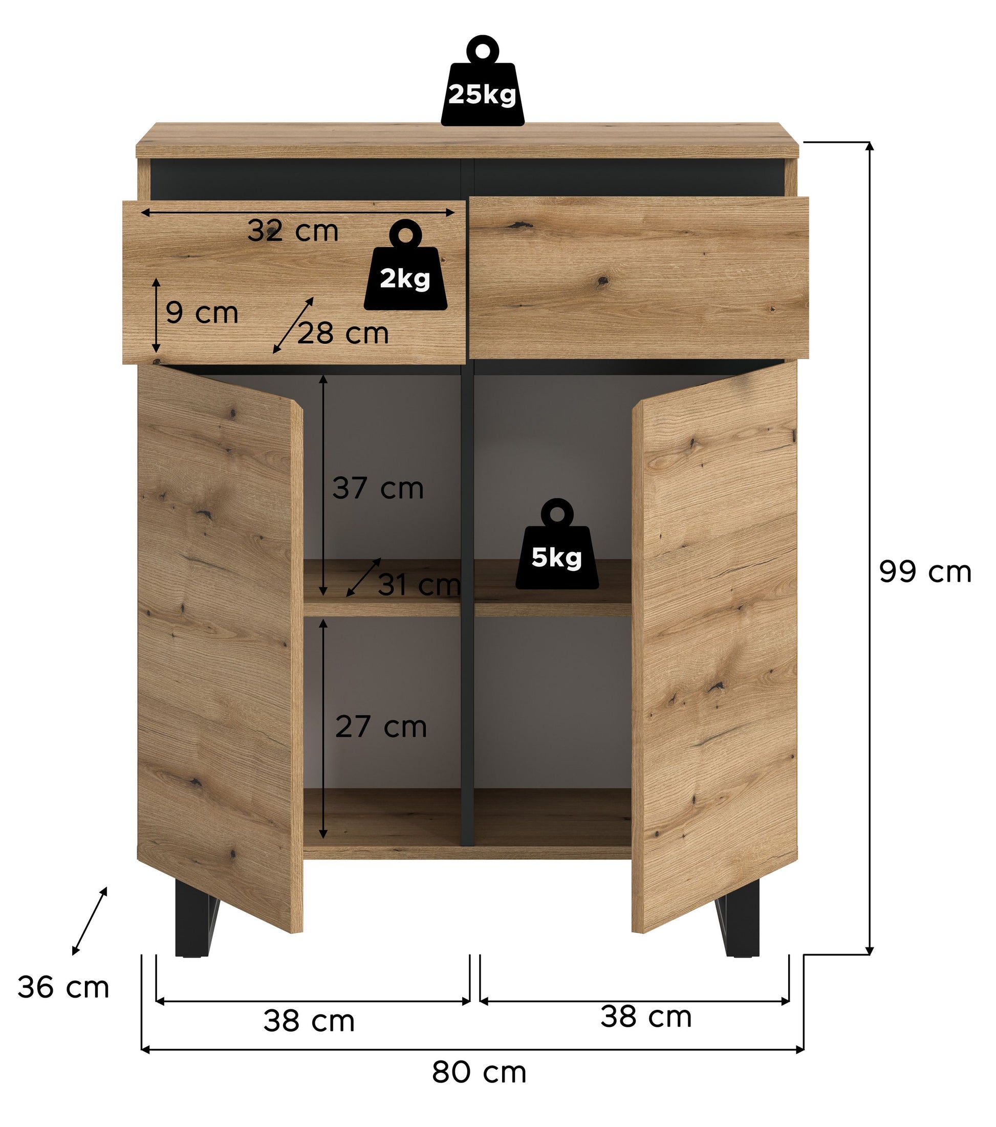 Kommode 80x99x36 cm (BHT), Eichefarben, Maßangaben zu Schubladen und Fächern