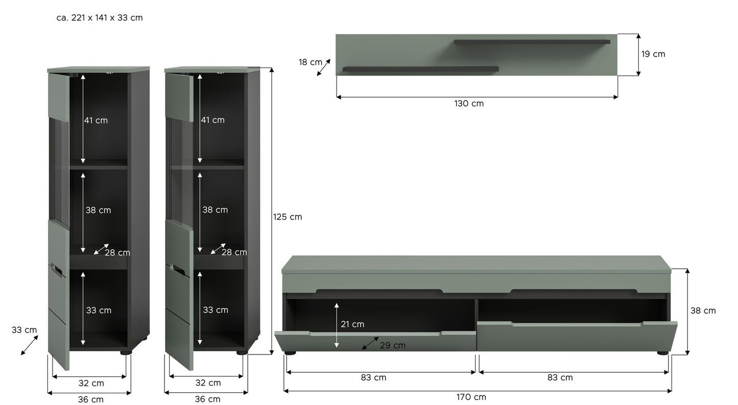 Ensemble mural CANU (L/H/P : env. 272/141/33 cm) en gris basalte/vert fumé