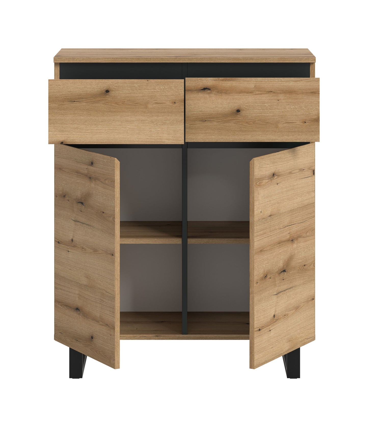 Kommode 80 cm Eichefarben, offene Türen mit zwei Innenfächern, schwarze Füße