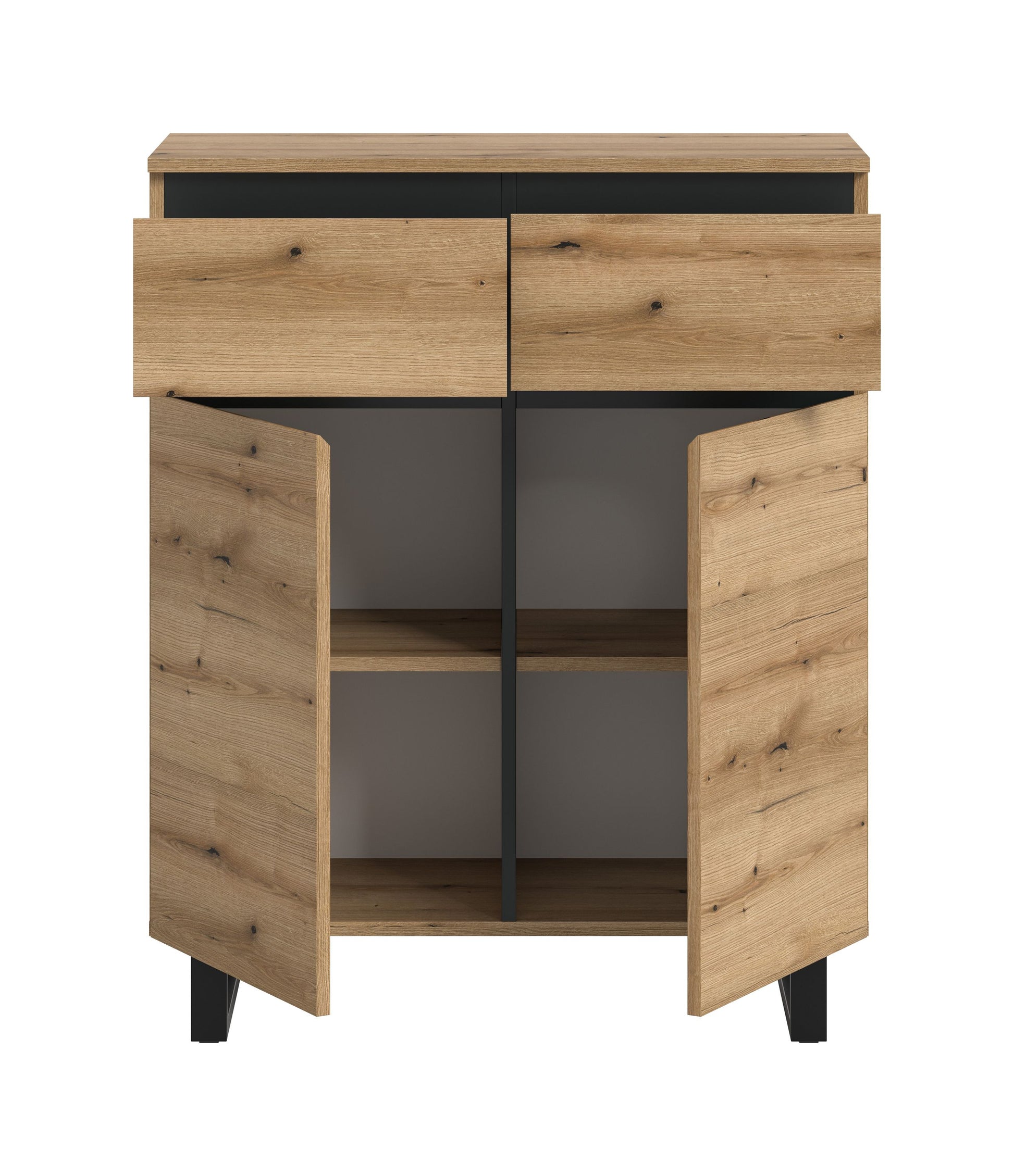 Kommode 80 cm Eichefarben, offene Türen mit zwei Innenfächern, schwarze Füße
