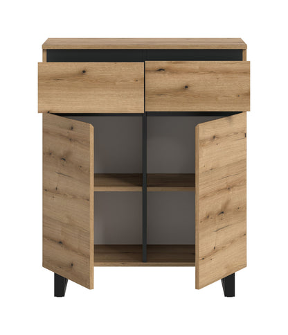 Kommode 80 cm Eichefarben, offene Türen mit zwei Innenfächern, schwarze Füße