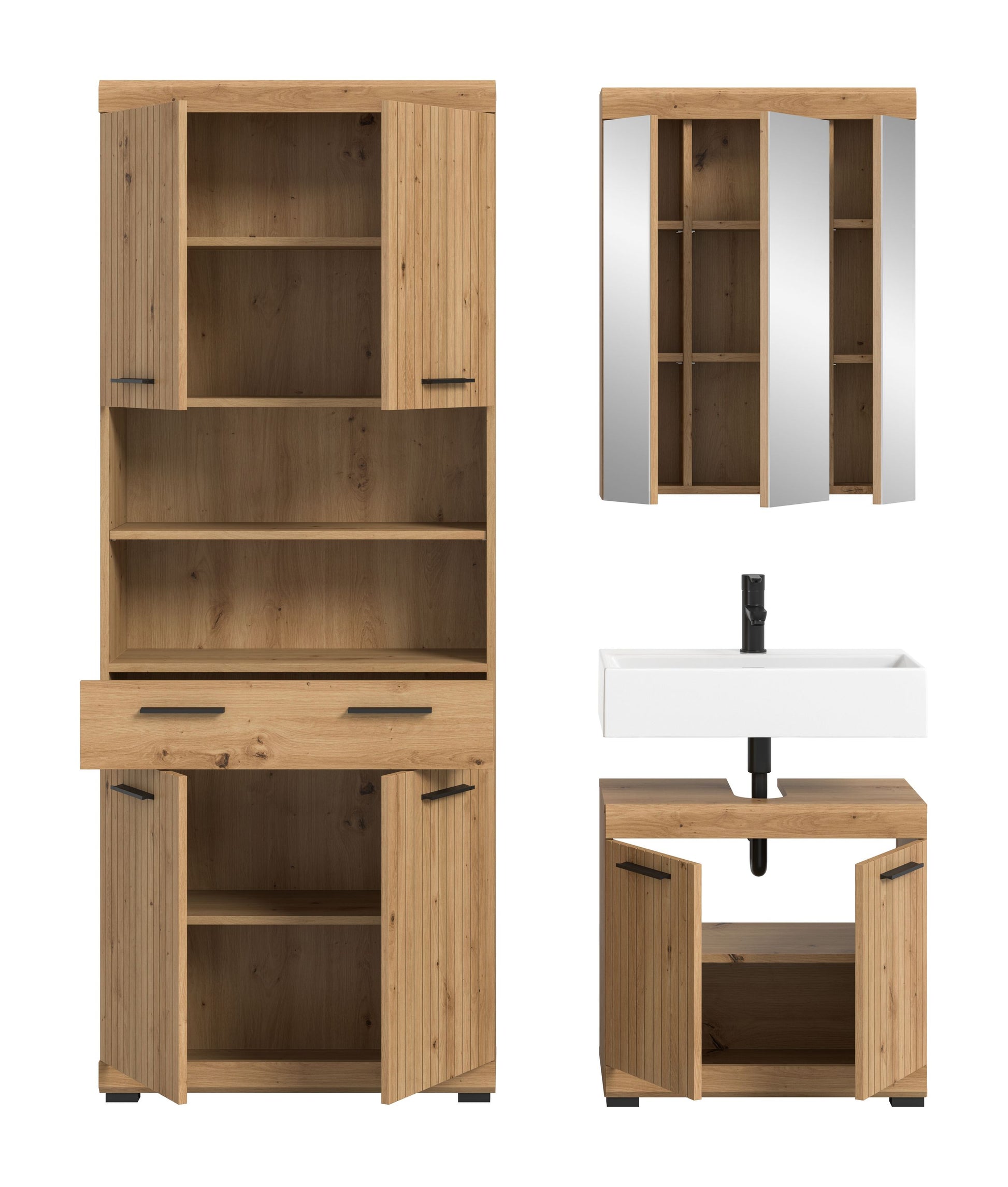 Badezimmerset: Hochschrank mit Spiegel, Waschtisch und Unterschrank, Holzdekor natur, 3-teilig