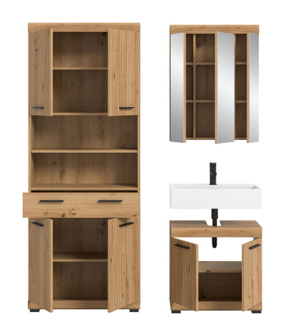 Badezimmerset: Hochschrank mit Spiegel, Waschtisch und Unterschrank, Holzdekor natur, 3-teilig