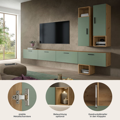 Meuble TV mural THE ONE (L/H/P : env. 300/178/34 cm) en imitation chêne Artisan/vert fumé