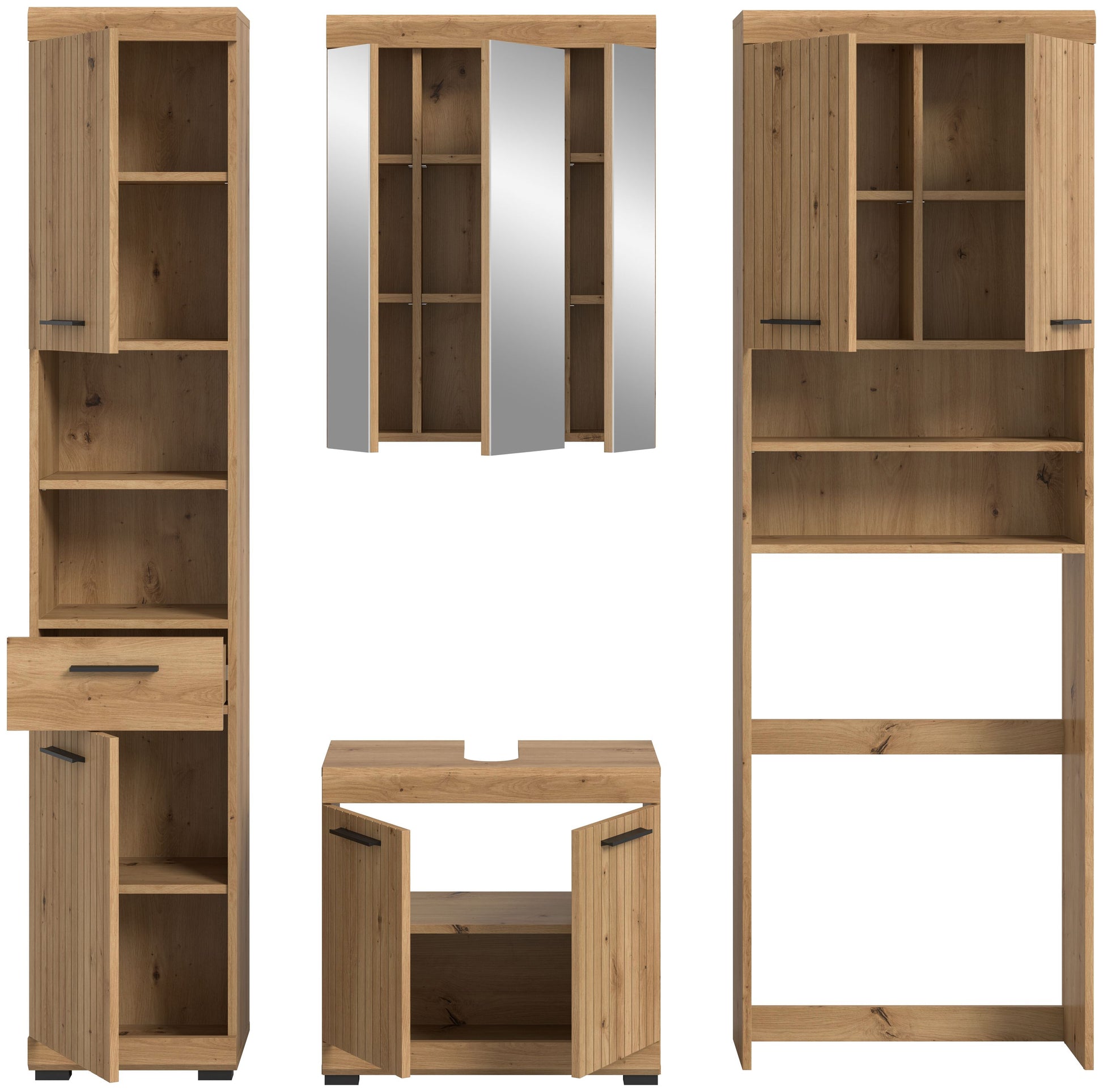 Badezimmerschrank-Set im Holzdekor mit offenen Fächern in Spiegelschrank und Hochschrank