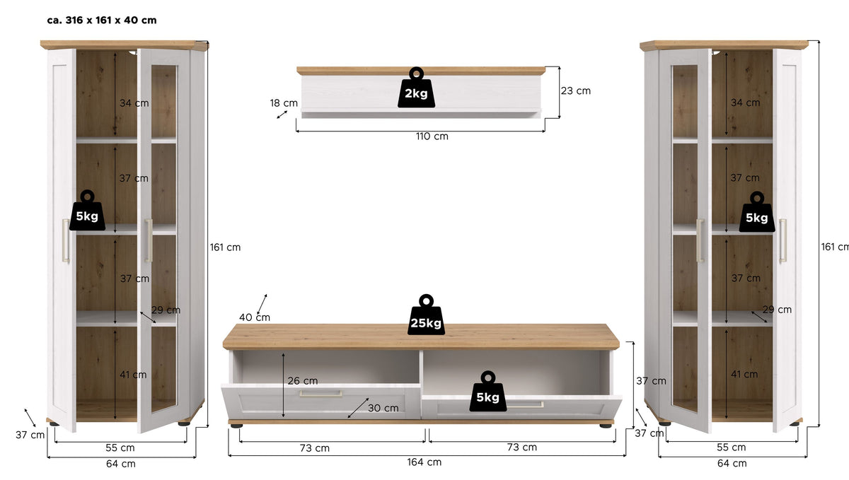 VERONA wall unit (W/H/D: approx. 316/161/40 cm) in Sibiu Larch reproduction/Sibiu Larch reproduction