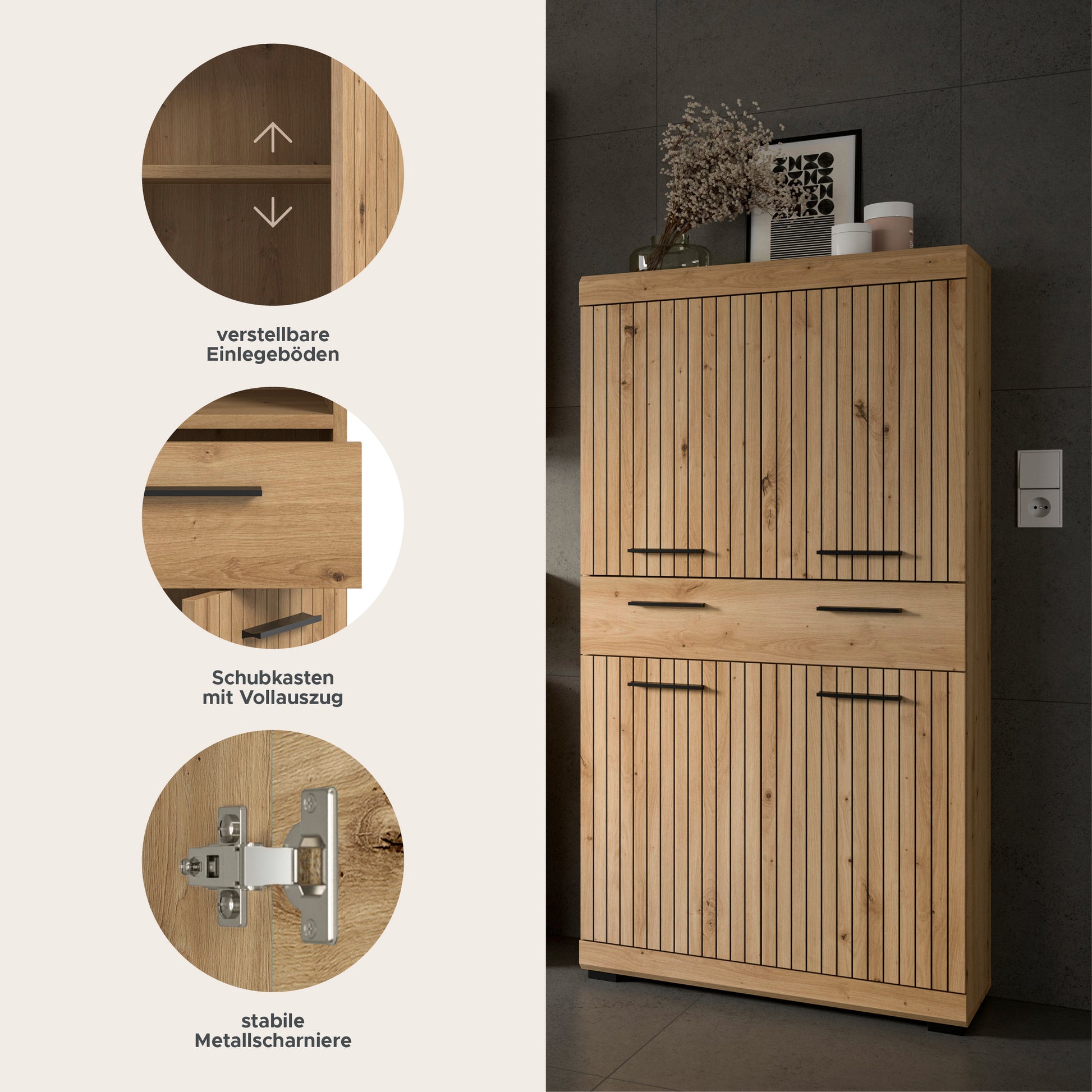 Badhochschrank in Holzoptik, Extras: verstellbare Böden, Schubkasten, Metallscharniere