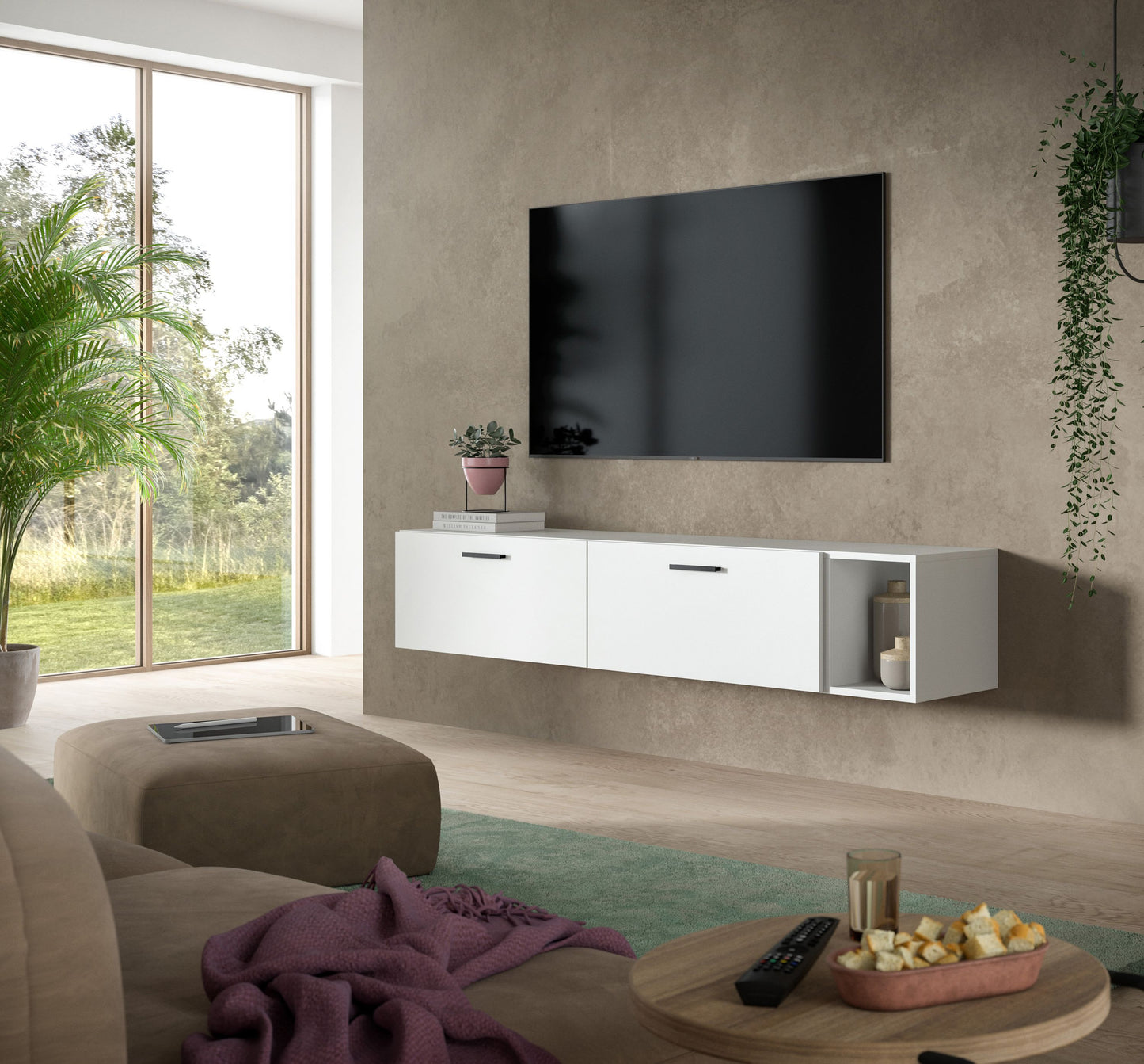 Meuble TV mural THE ONE (l/h/p : env. 75/34/34 cm) en imitation chêne Artisan/vert fumé
