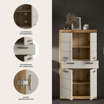 Badhochschrank mit Schubladen, offene Fächer, Korpus Artisan Eiche/weiße Front