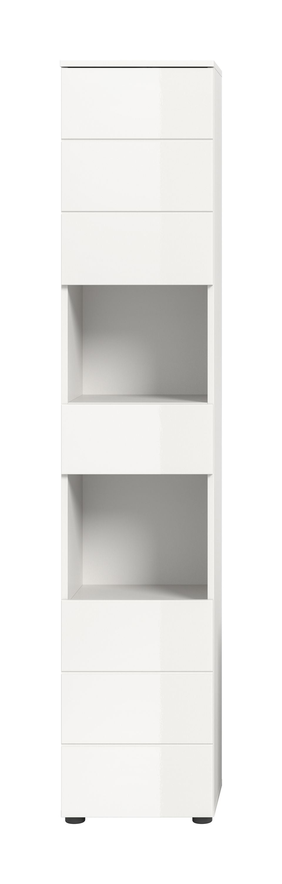 Badhochschrank in Hochglanz-weiß, Front mit offenen Fächern und Innenraum