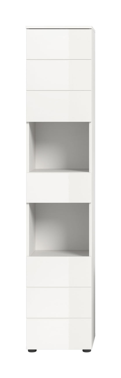 Badhochschrank in Hochglanz-weiß, Front mit offenen Fächern und Innenraum