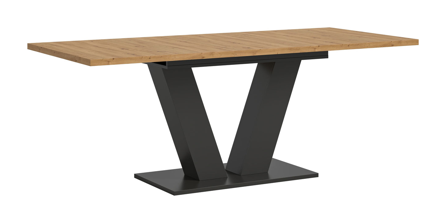 Esstisch mit heller Holzplatte und schwarzem X-Gestell, rechteckig