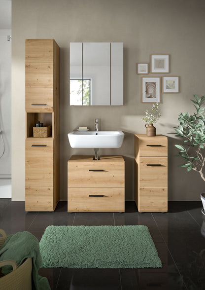 Badezimmer-Set mit Holzoptik und hellen Fronten: Waschtisch mit Schubladen, Hochschrank