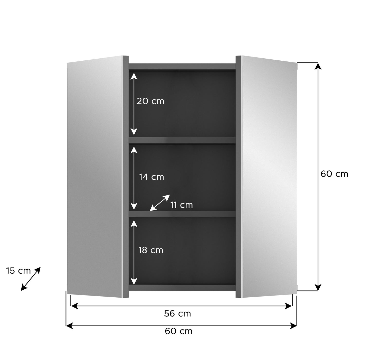 Badspiegelschrank grau mit Maßen: 60 cm Höhe und 60 cm Breite