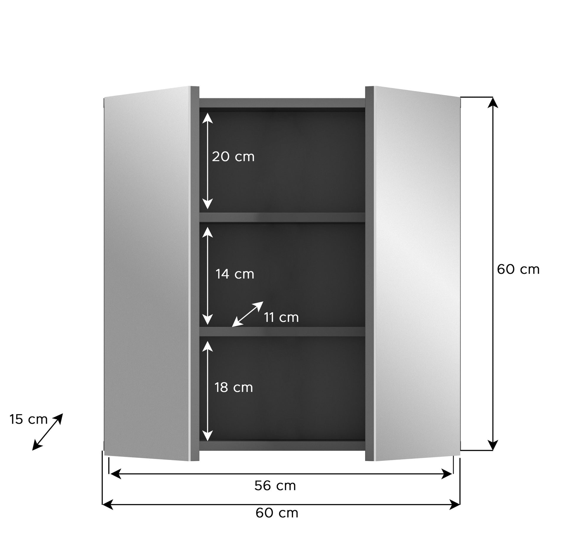 Badspiegelschrank grau mit Maßen: 60 cm Höhe und 60 cm Breite