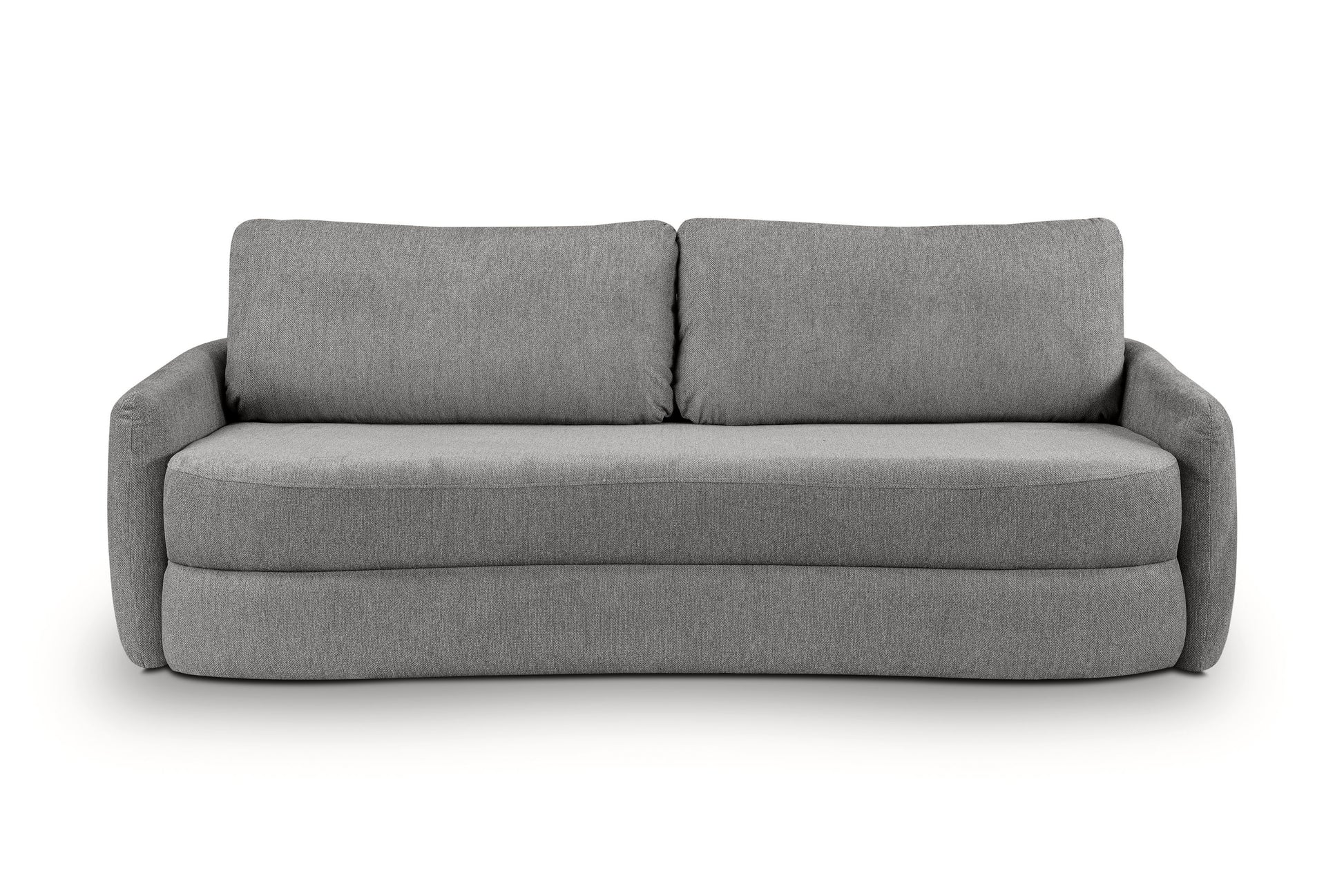 Schlafsofa aus grauem Stoff, zwei breite Rückenkissen, kompakte Sitzfläche