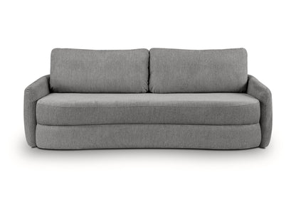 Schlafsofa aus grauem Stoff, zwei breite Rückenkissen, kompakte Sitzfläche
