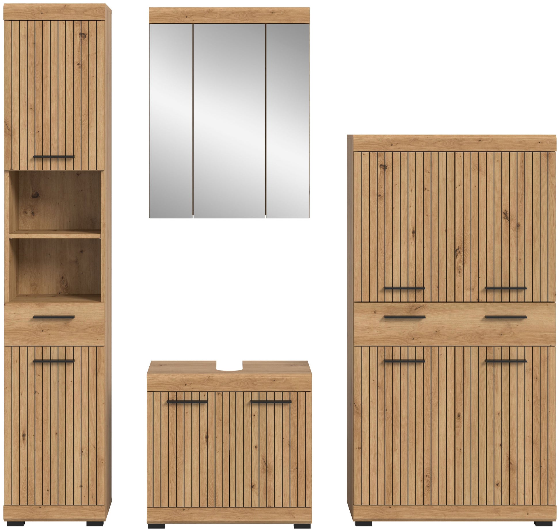 Badezimmerset im Holzdesign: Spiegelschrank, Waschtischunterschrank und Hochschrank