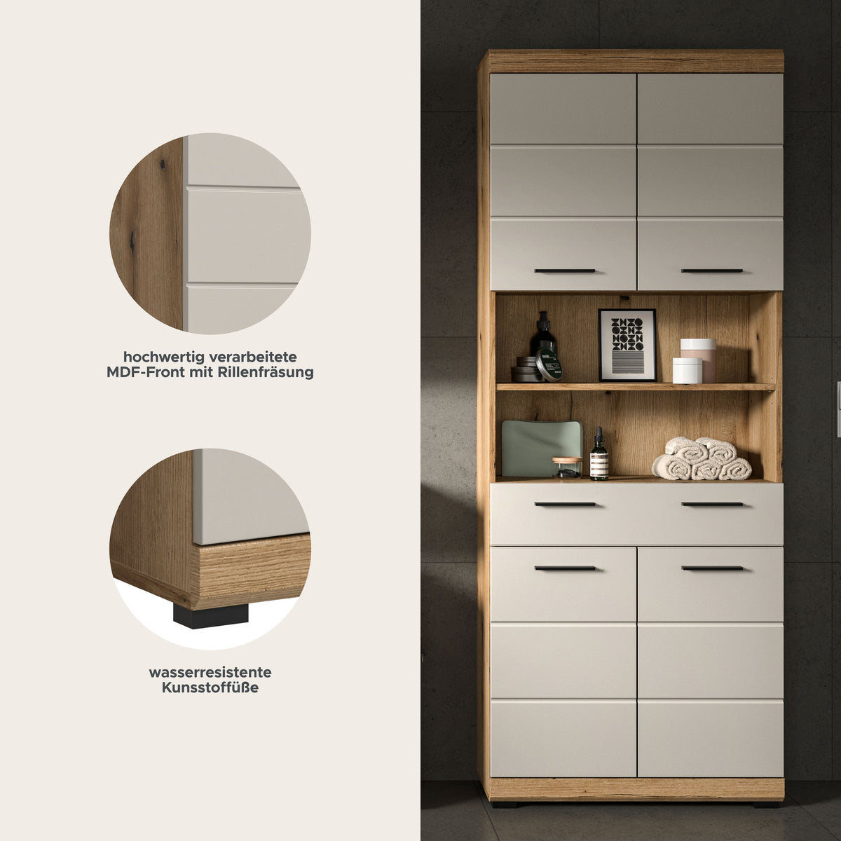 Badhochschrank mit offenen Fächern, Holzoptik und weißen Fronten, mit Schubfächern
