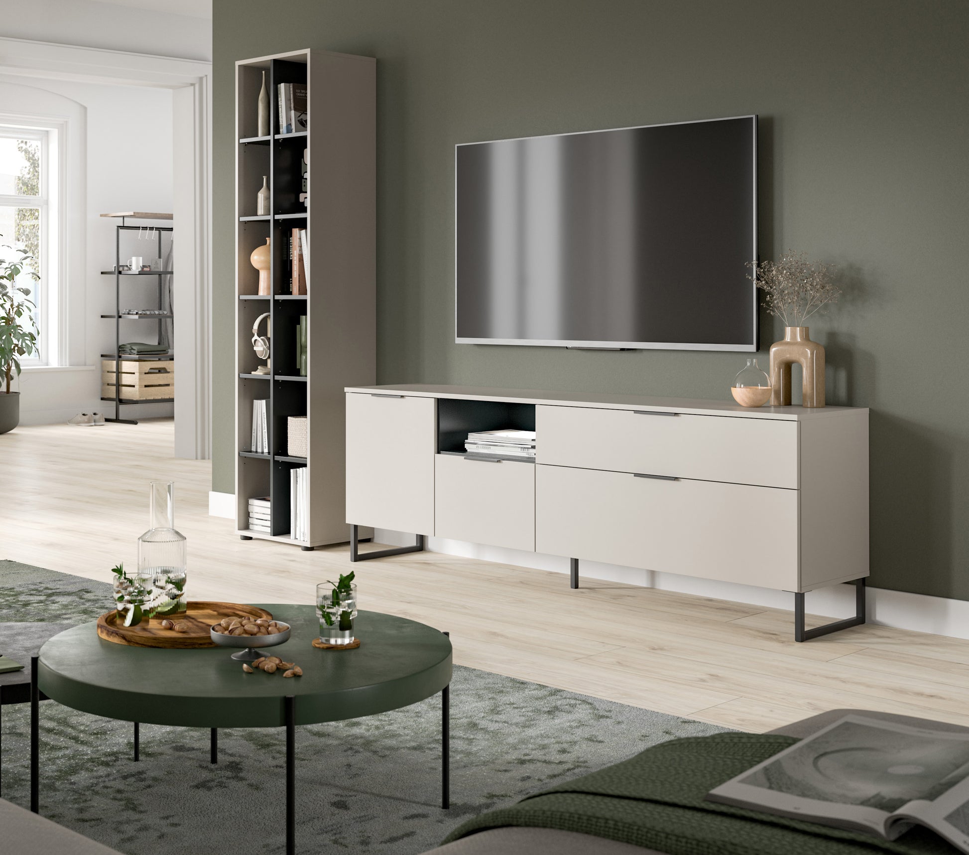 Wohnzimmerschrank-Set mit hohem Schrank und Sideboard, hellgraue Fronten auf Füßen