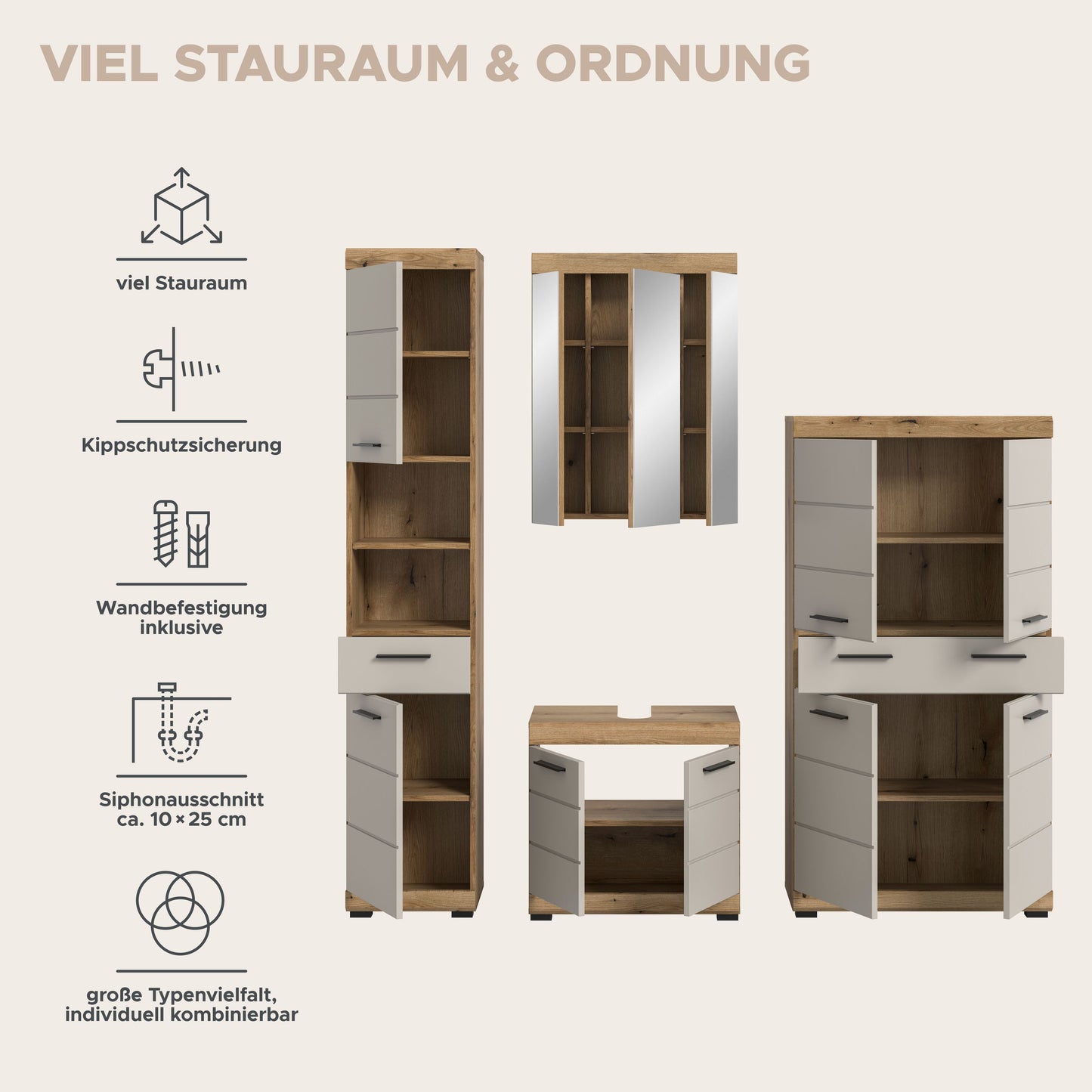 Homes & Jones Badezimmerset für Ordnung: viel Stauraum, Kippschutz und Wandbefestigung