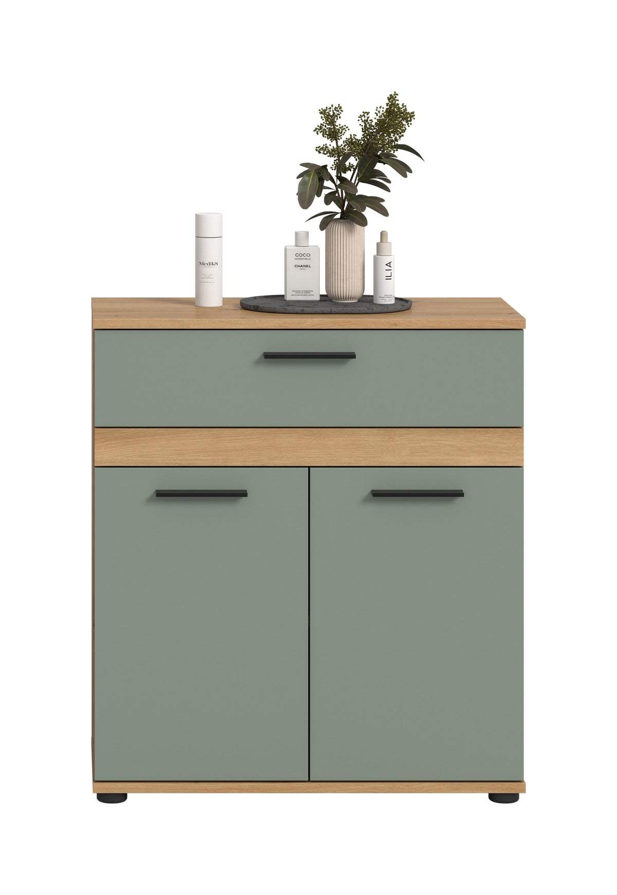 Badezimmerschrank mit zwei Türen und Schublade, mintgrün, Holzplatte, Metallgriffe