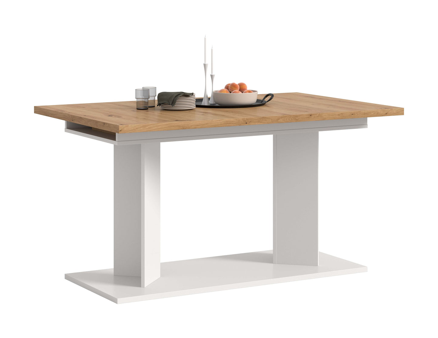 Table de salle à manger GUSTAV (L/H/P : env. 220/76/100 cm) en blanc/imitation chêne Artisan