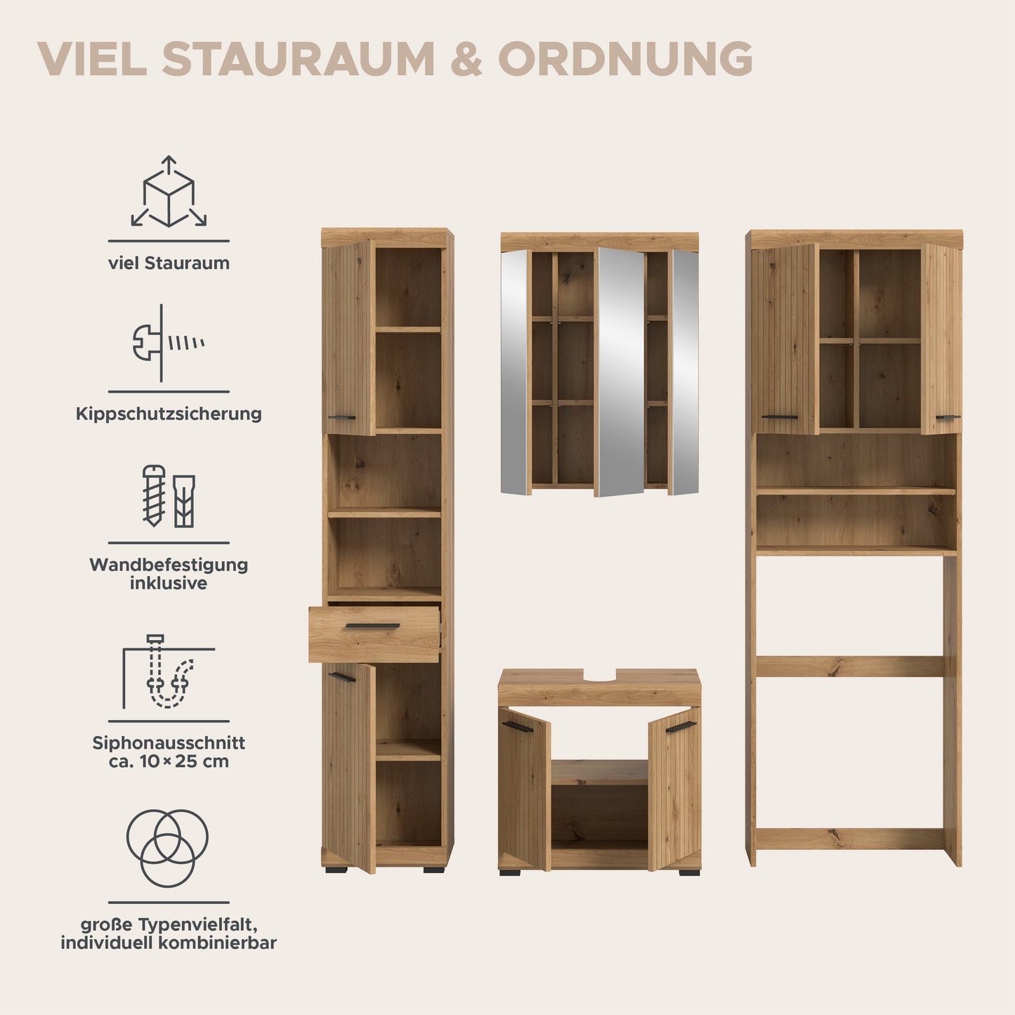 Badezimmerschrank-Set im Holzdekor: Hochschrank, Spiegelschrank und Unterschrank mit Regalen