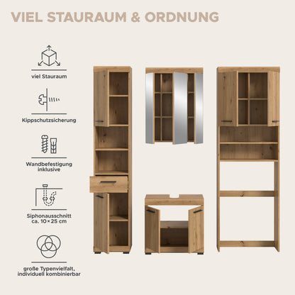 Badezimmerschrank-Set im Holzdekor: Hochschrank, Spiegelschrank und Unterschrank mit Regalen