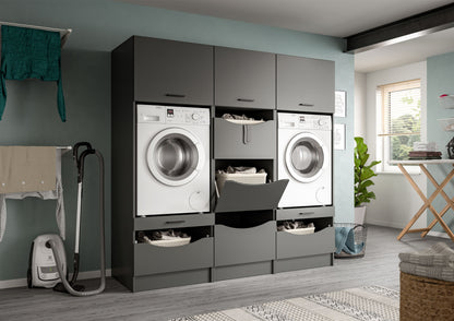 Waschmaschinenschrank-Set in grau mit zwei integrierten Geräten und Schubladen