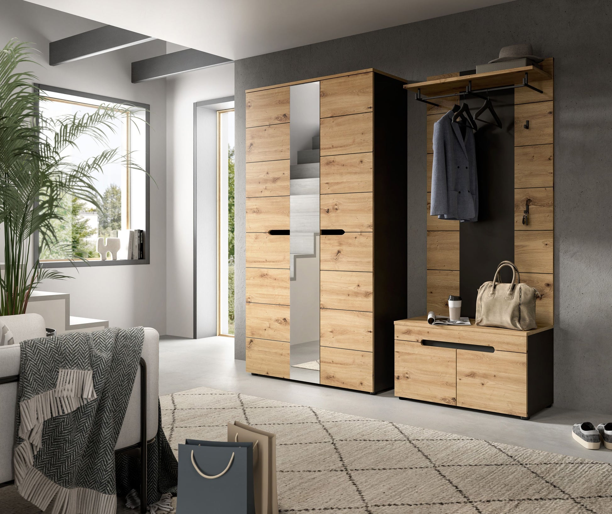 Garderobenset aus Schrank mit Spiegel, Aufhängern und Sitzbank mit Schublade, Eiche-Natur