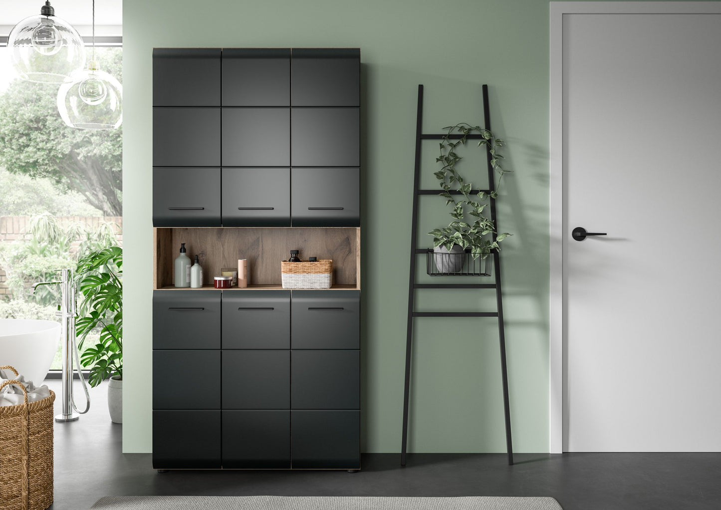 Meuble de rangement polyvalent ICE (L/H/P : env. 90/185/30 cm) en imitation chêne Nox/noir mat
