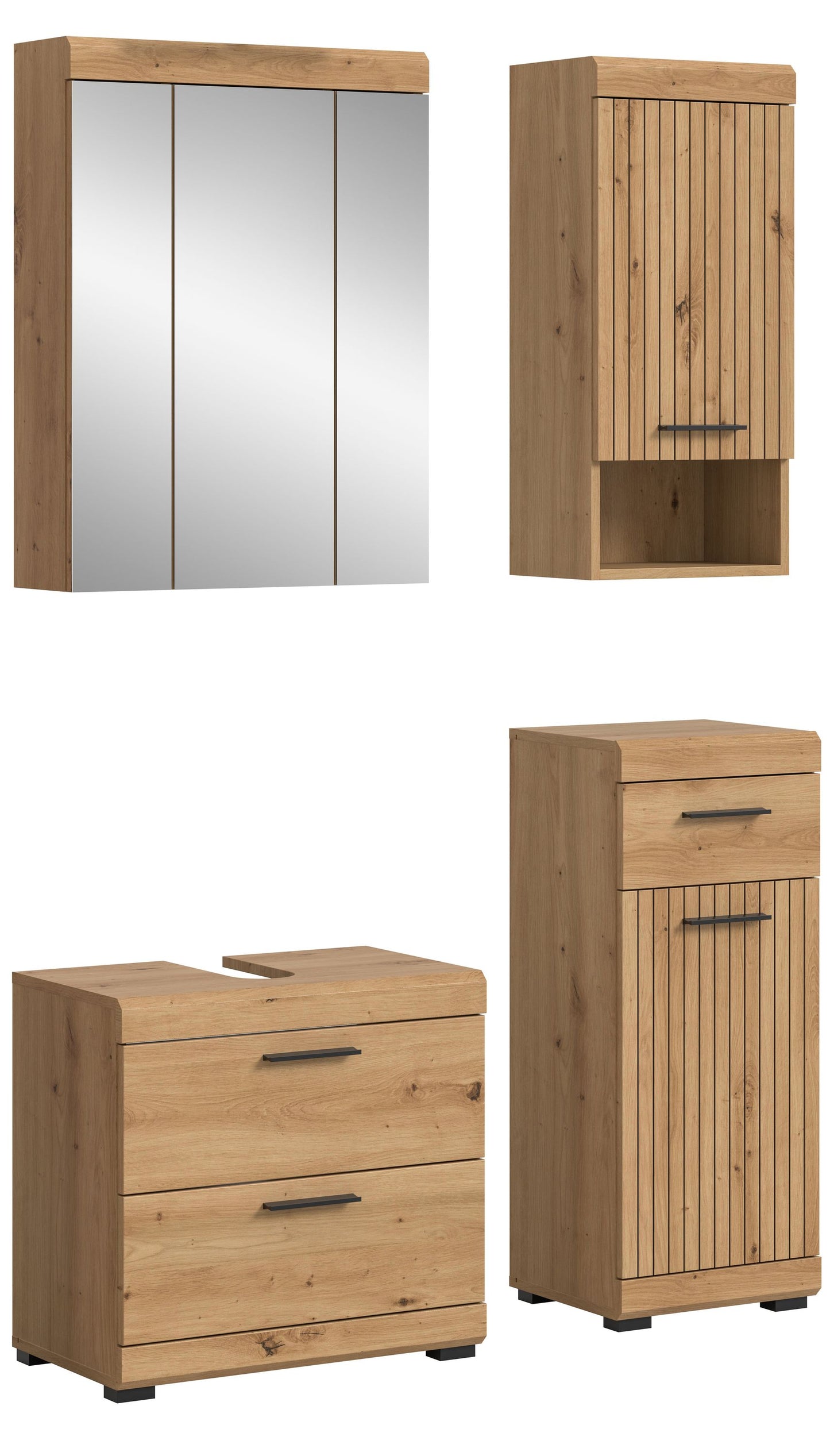 Badezimmerset: Spiegelschrank, Waschtischunterschrank und Hochschrank in hellem Holzdekor
