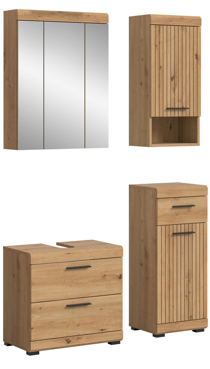 Badezimmerset: Spiegelschrank, Waschtischunterschrank und Hochschrank in hellem Holzdekor
