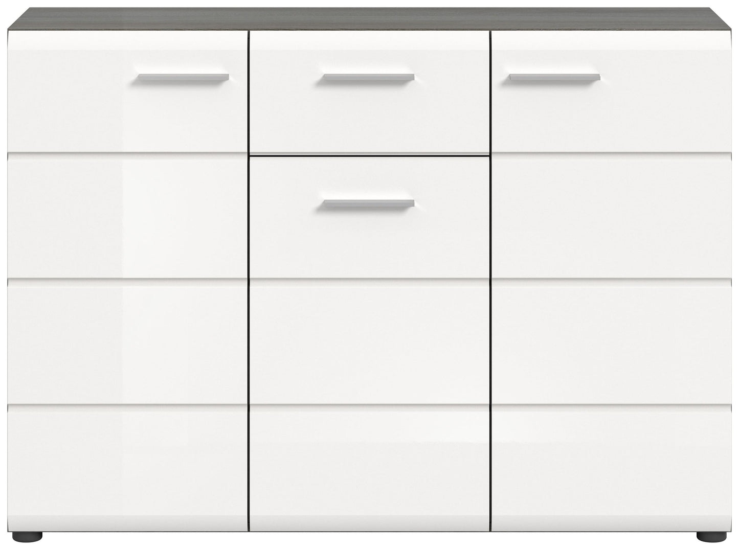 Kommode 120 cm, weiße Hochglanz-Front mit drei Schubladenreihen und Griffen