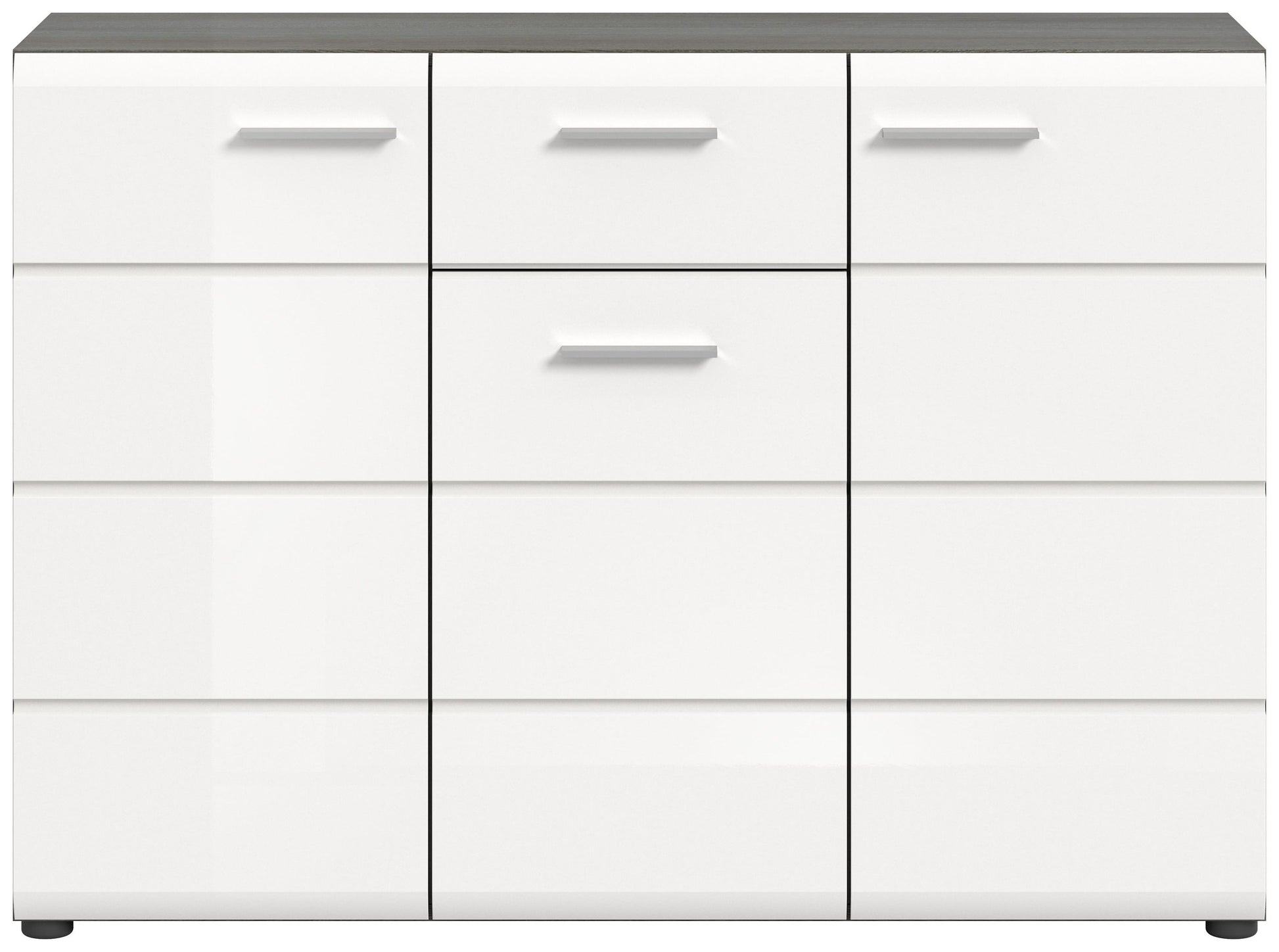 Kommode 120 cm, weiße Hochglanz-Front mit drei Schubladenreihen und Griffen