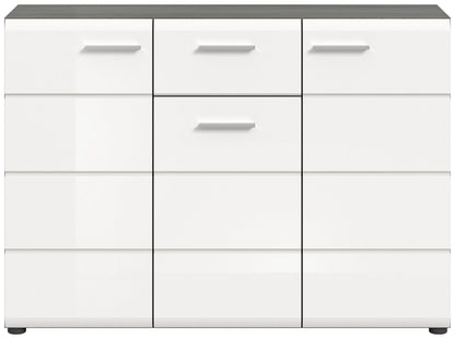 Kommode 120 cm, weiße Hochglanz-Front mit drei Schubladenreihen und Griffen