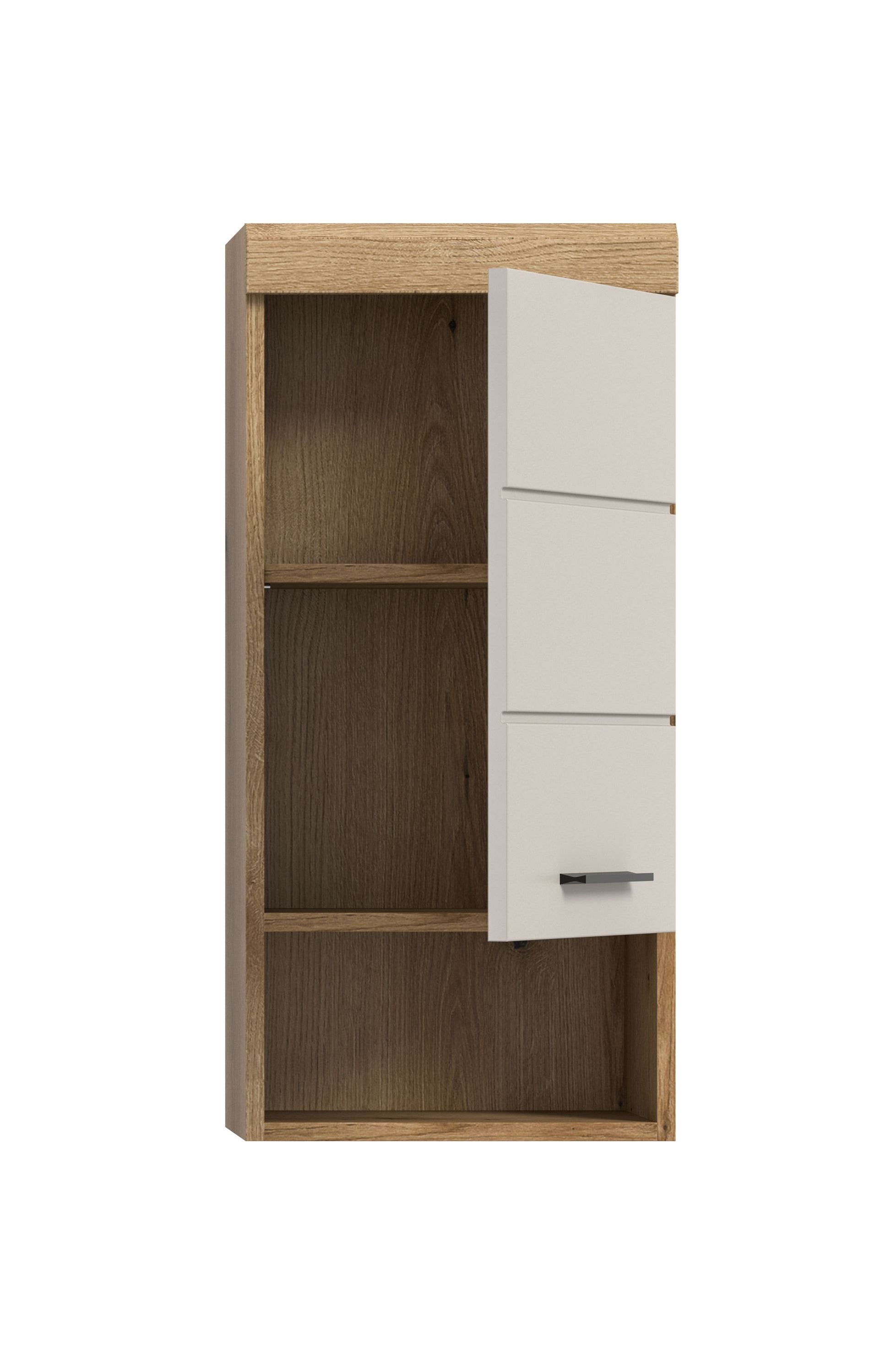 Badezimmerschrank mit offenen Fächern, Holzrahmen und weißer Tür-/Schubladenfront