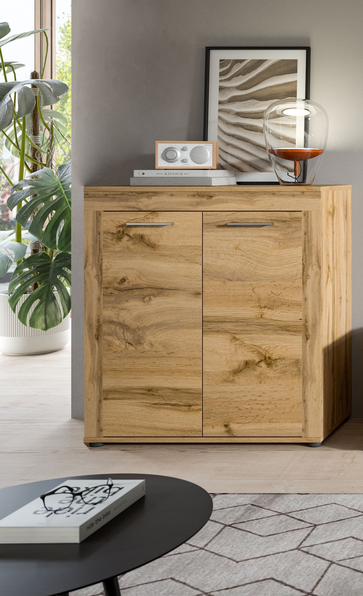 Highboard JAM (L/H/P : env. 80/88/35 cm) en imitation chêne Wotan/gris