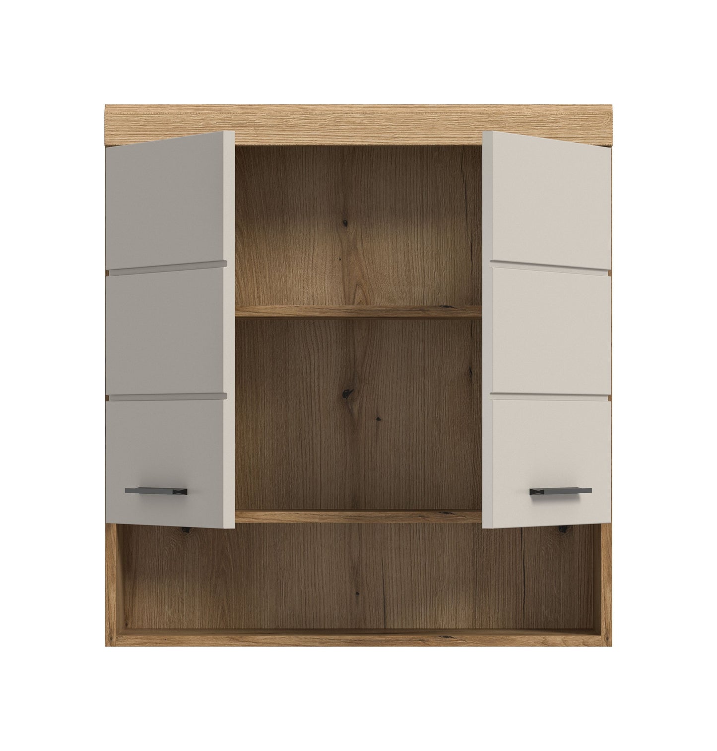 Homes & Jones Badezimmer-Hängeschrank mit geöffneten Türen, innen offene Fächer in Holzoptik