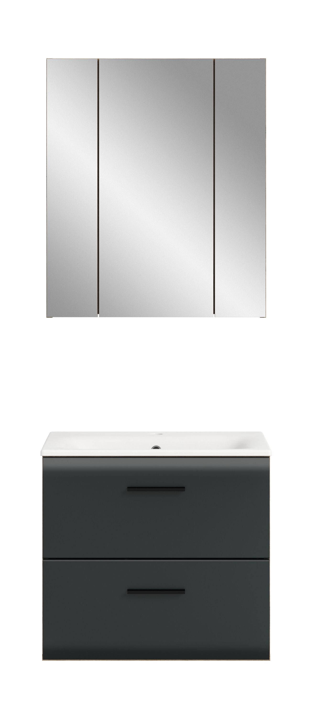 3-teiliges Badmöbel-Set mit Spiegelschrank und dunkelgrauem Waschtischunterschrank