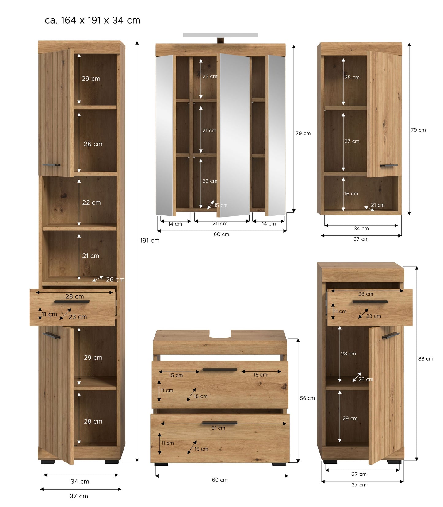 Badezimmerset Abmessungen der 5-teiliges Kombination (ca. 164×191×34 cm)